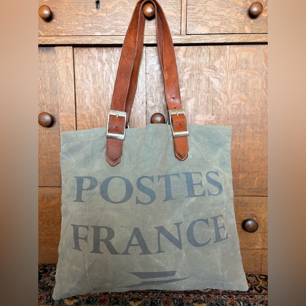 Postes France Canvas Tote Bag with Leather Straps - Green